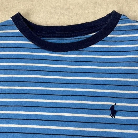 Polo Ralph Lauren Shirt Boys Large 14-16 Blue Stripe Short Sleeve Crewneck Shirt - Picture 4 of 9